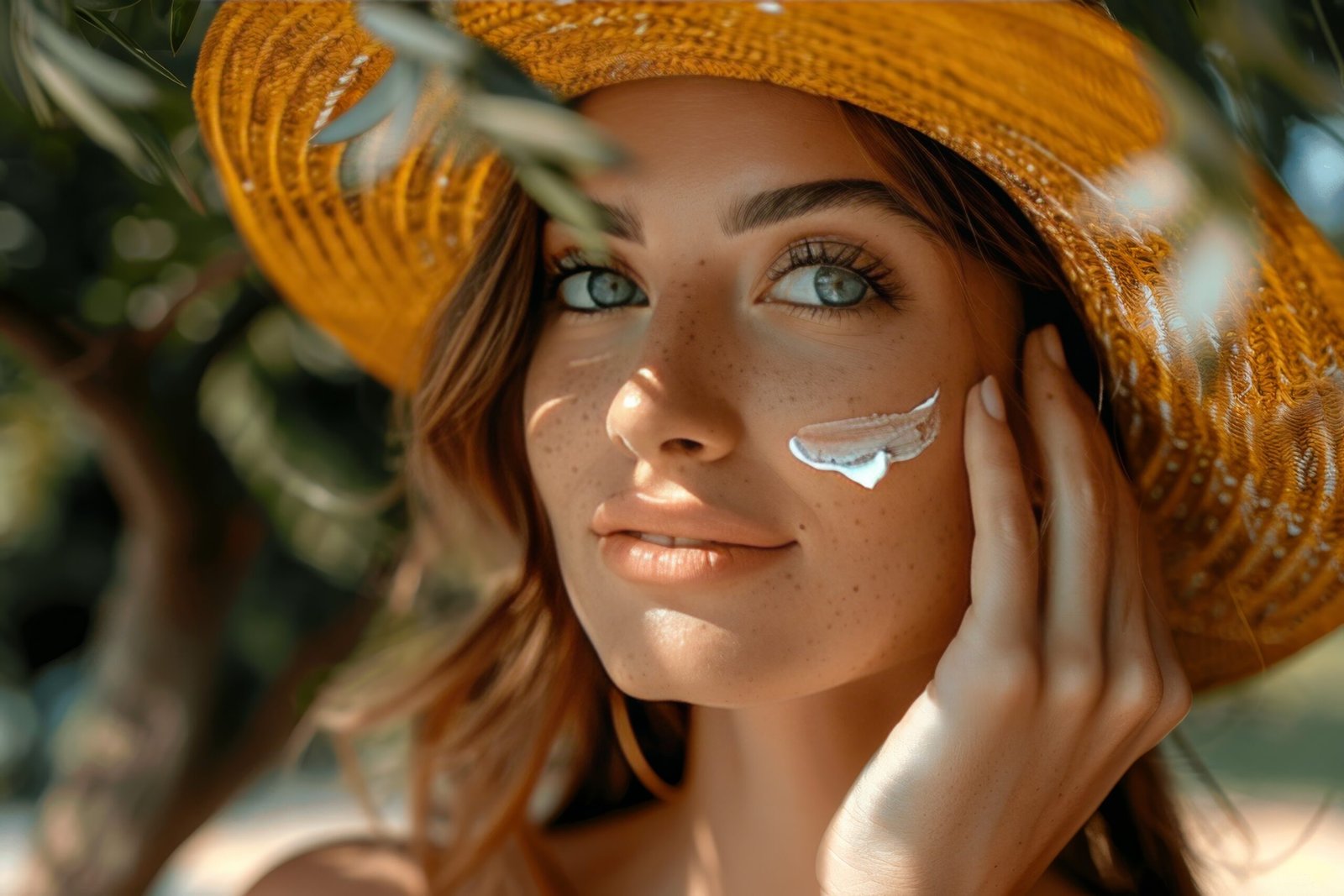 young-woman-applying-sunscreen-her-face-against-background-green-plants-copy-space-scaled